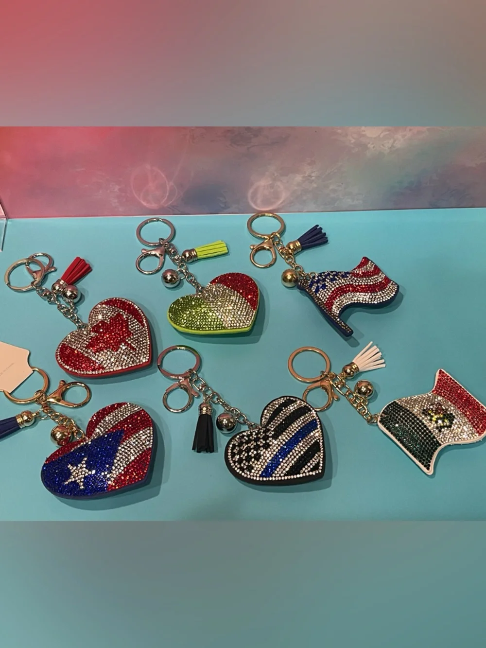 CHOICE OF Flag Rhinestone Keychain Bag Charm with Tassel